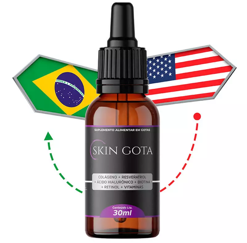 Skin Gota Trans-resveratrol com bandeiras do Brasil e EUA indicando parceria internacional