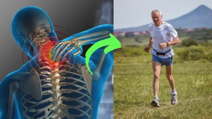 Anatomia dos ossos sinalizando uma dor na cervical ao lado de uma imagem de um idoso com saúde correndo