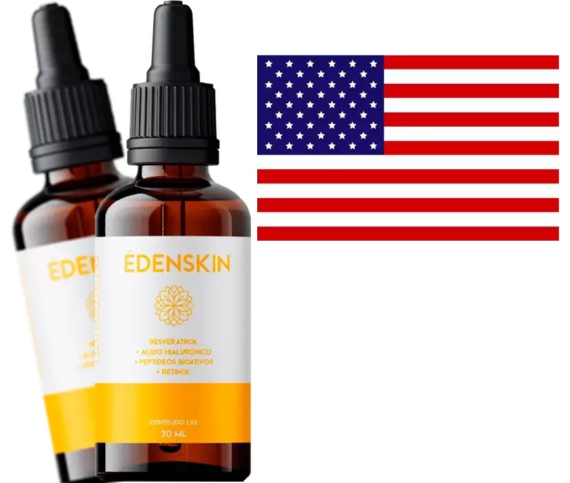 Dois frascos do Éden Skin ao lado de uma bandeira dos Estados Unidos e fundo transparente