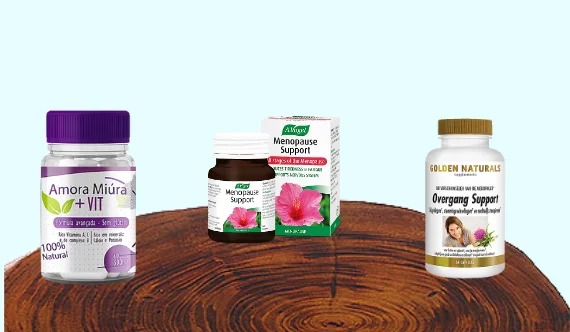 Variedade de suplementos naturais incluindo Amora Miúra + Vit em destaque